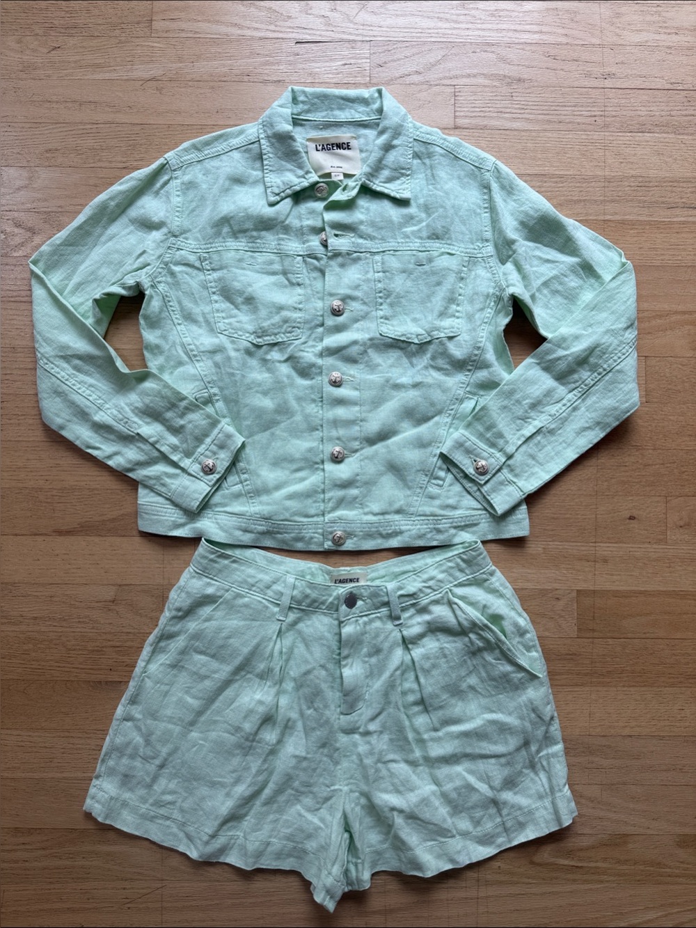 NWOT: L'AGENCE Mint Sherbet 100% Linen Jacket & Shorts Set sz Sm sz 26
